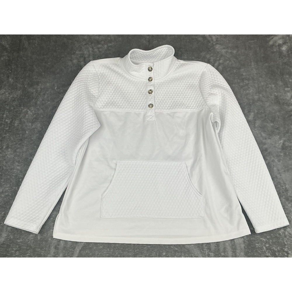 T by TALBOTS woman's Quilted White Pullover kangaroo pocket button closure Large